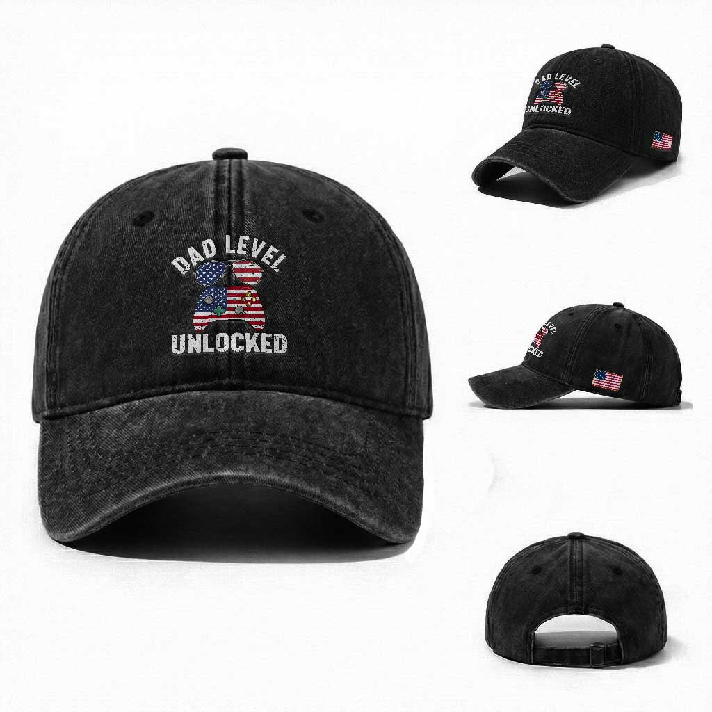 Dad Level Unlocked Washed Cotton Baseball Cap New Dad Gamer American Flag 4th of July