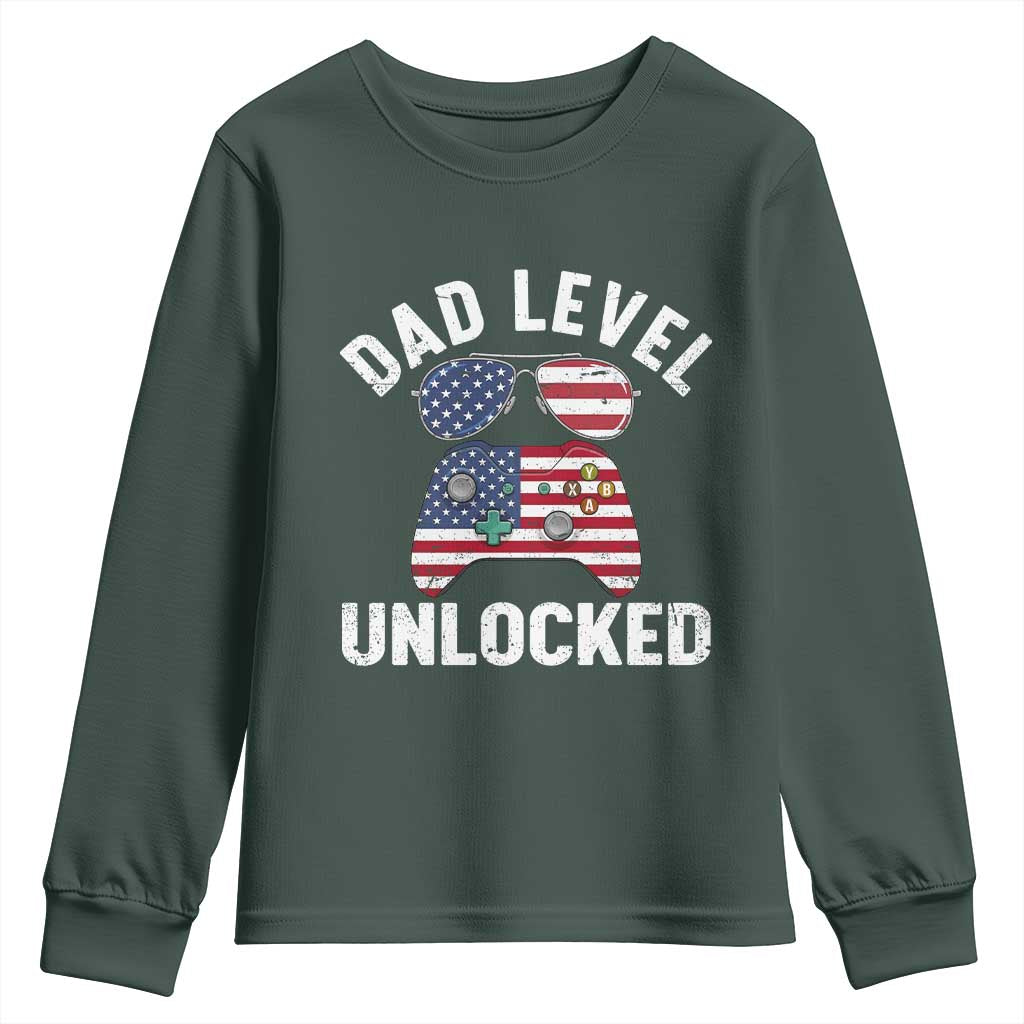 Dad Level Unlocked Youth Sweatshirt New Dad Gamer American Flag 4th of July TS14 Dark Forest Green Print Your Wear