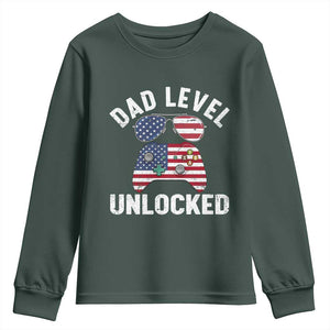 Dad Level Unlocked Youth Sweatshirt New Dad Gamer American Flag 4th of July TS14 Dark Forest Green Print Your Wear