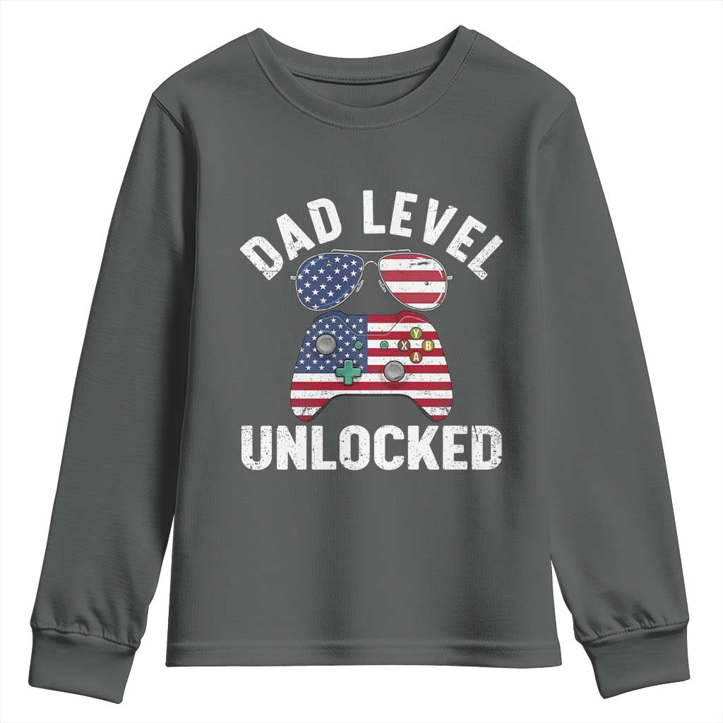 Dad Level Unlocked Youth Sweatshirt New Dad Gamer American Flag 4th of July TS14 Dark Heather Print Your Wear
