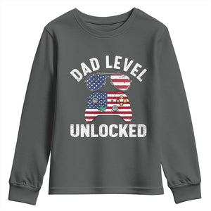 Dad Level Unlocked Youth Sweatshirt New Dad Gamer American Flag 4th of July TS14 Dark Heather Print Your Wear