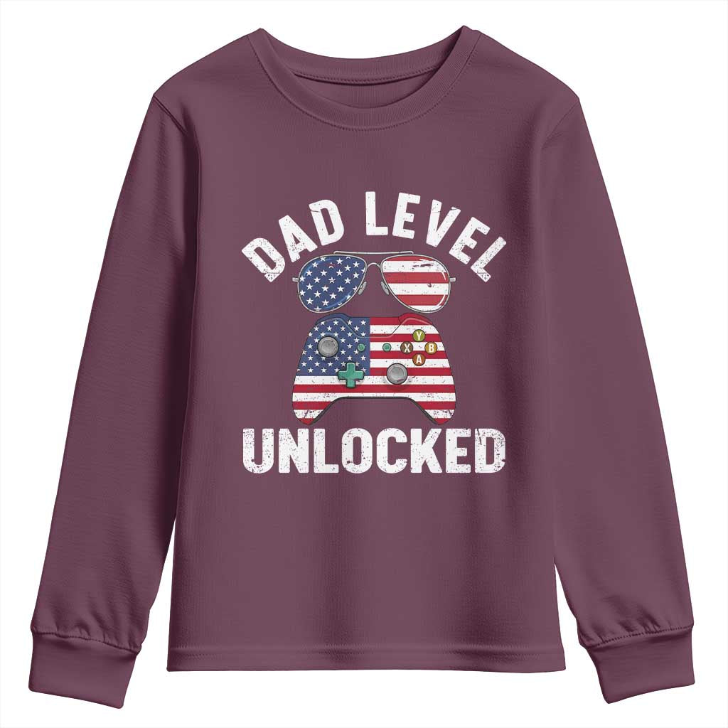 Dad Level Unlocked Youth Sweatshirt New Dad Gamer American Flag 4th of July TS14 Maroon Print Your Wear