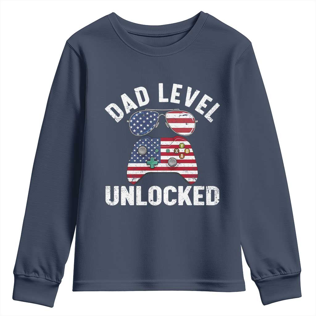 Dad Level Unlocked Youth Sweatshirt New Dad Gamer American Flag 4th of July TS14 Navy Print Your Wear