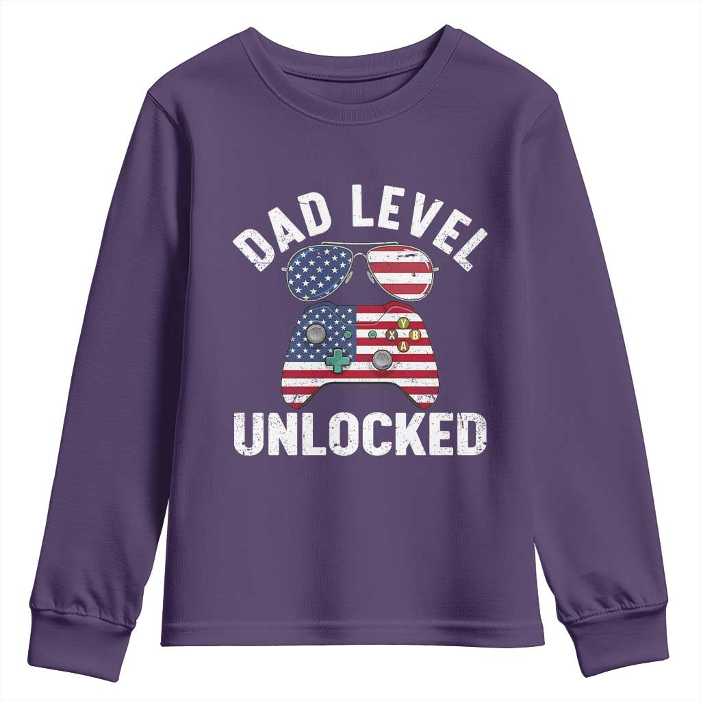 Dad Level Unlocked Youth Sweatshirt New Dad Gamer American Flag 4th of July TS14 Purple Print Your Wear