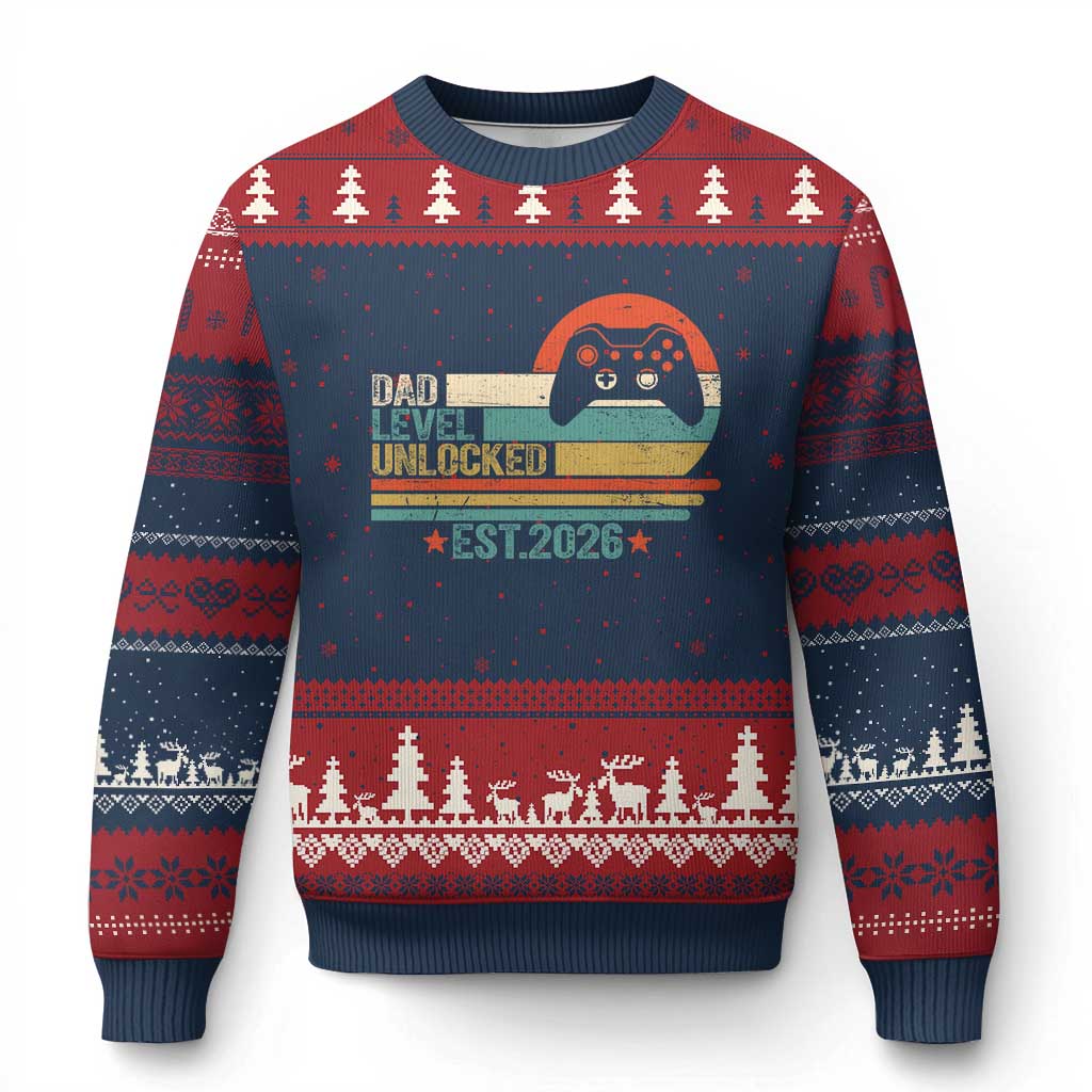 Dad Level Unlocked Ugly Christmas Sweater Funny New Dad Gaming Gamer 2026 TS14 Navy Red Print Your Wear