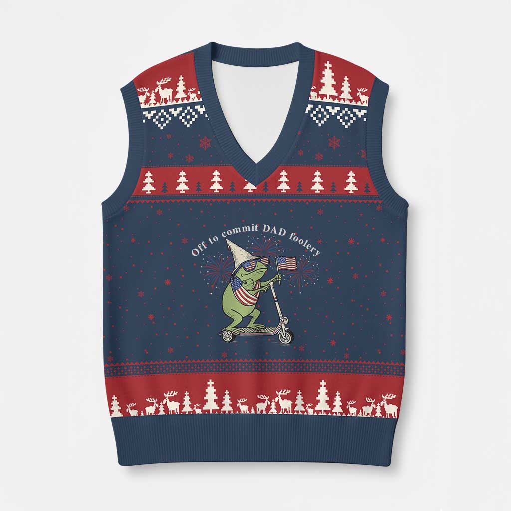 New Dad Frog 4th of July V-Neck Knit Sweater Vest Off to Commit Dad Foolery TS14 Navy Red Print Your Wear