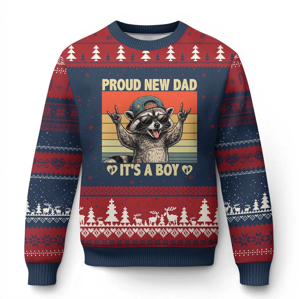Proud New Dad It's A Boy Ugly Christmas Sweater Funny Raccoon Humor Father's Day TS14 Navy Red Print Your Wear