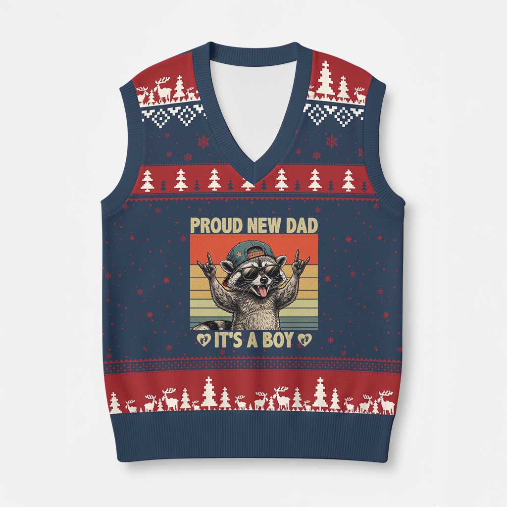 Proud New Dad It's A Boy V-Neck Knit Sweater Vest Funny Raccoon Humor Father's Day TS14 Navy Red Print Your Wear