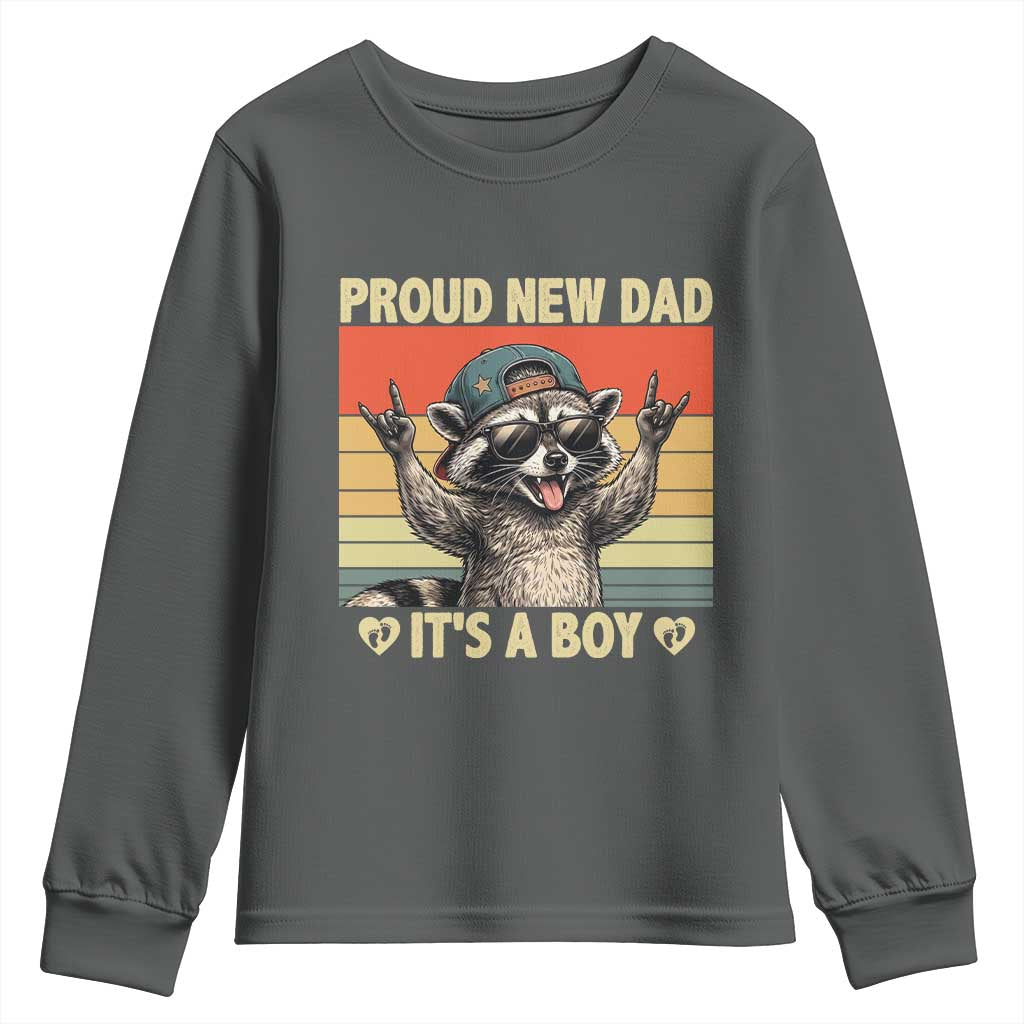 Proud New Dad It's A Boy Youth Sweatshirt Funny Raccoon Humor Father's Day TS14 Dark Heather Print Your Wear