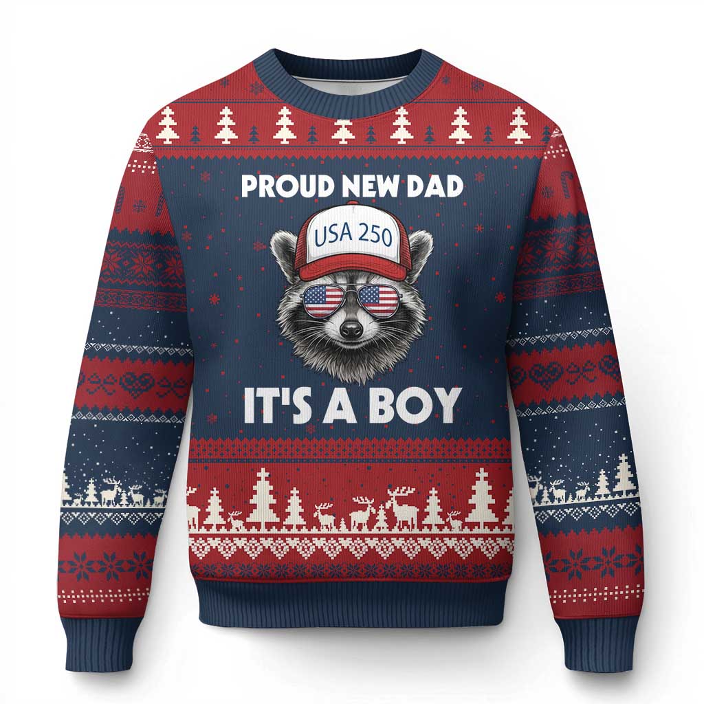 Proud New Dad It's A Boy Ugly Christmas Sweater Raccoon Patriotic America 250th Anniversary TS14 Navy Red Print Your Wear
