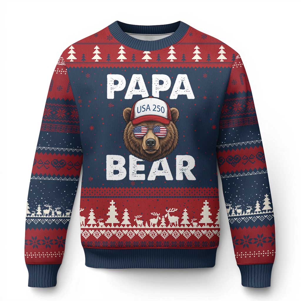 Papa Bear Father's Day Ugly Christmas Sweater USA 250th Anniversary American Flag July 4th TS14 Navy Red Print Your Wear