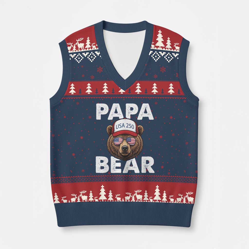 Papa Bear Father's Day V-Neck Knit Sweater Vest USA 250th Anniversary American Flag July 4th TS14 Navy Red Print Your Wear