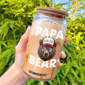 Papa Bear Father's Day Glass Can America 250th Anniversary USA Flag July 4th