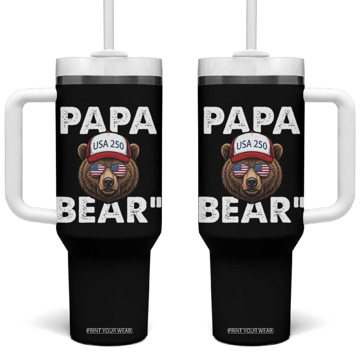 Papa Bear Father's Day Tumbler With Handle America 250th Anniversary USA Flag July 4th