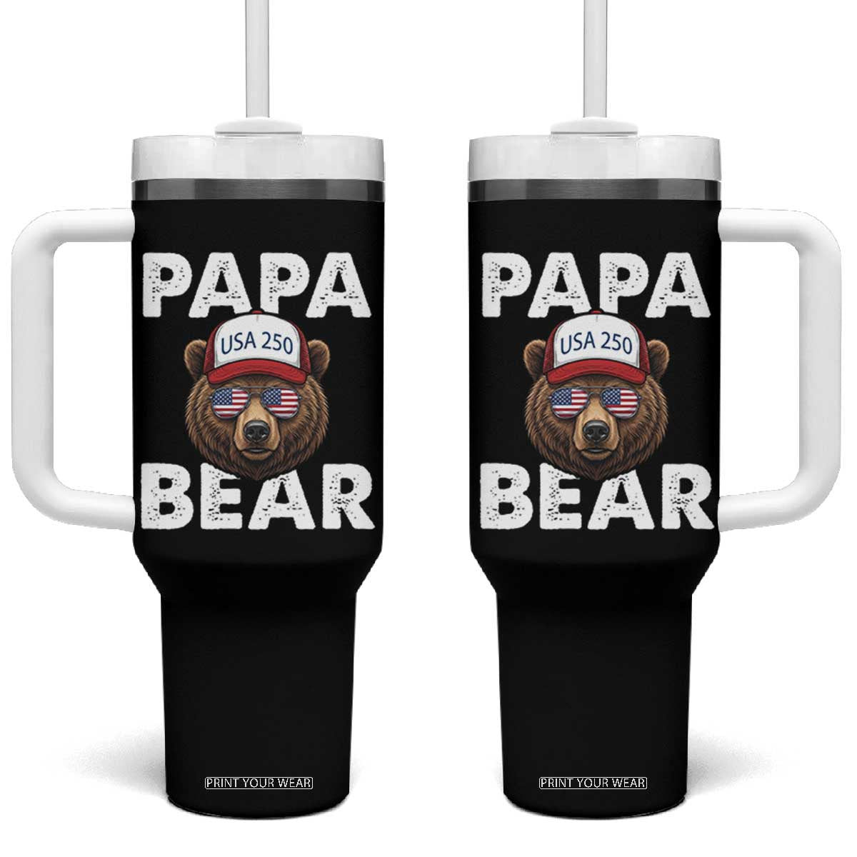 Papa Bear Father's Day Tumbler With Handle USA 250th Anniversary American Flag July 4th TS14 One Size: 40 oz Black Print Your Wear