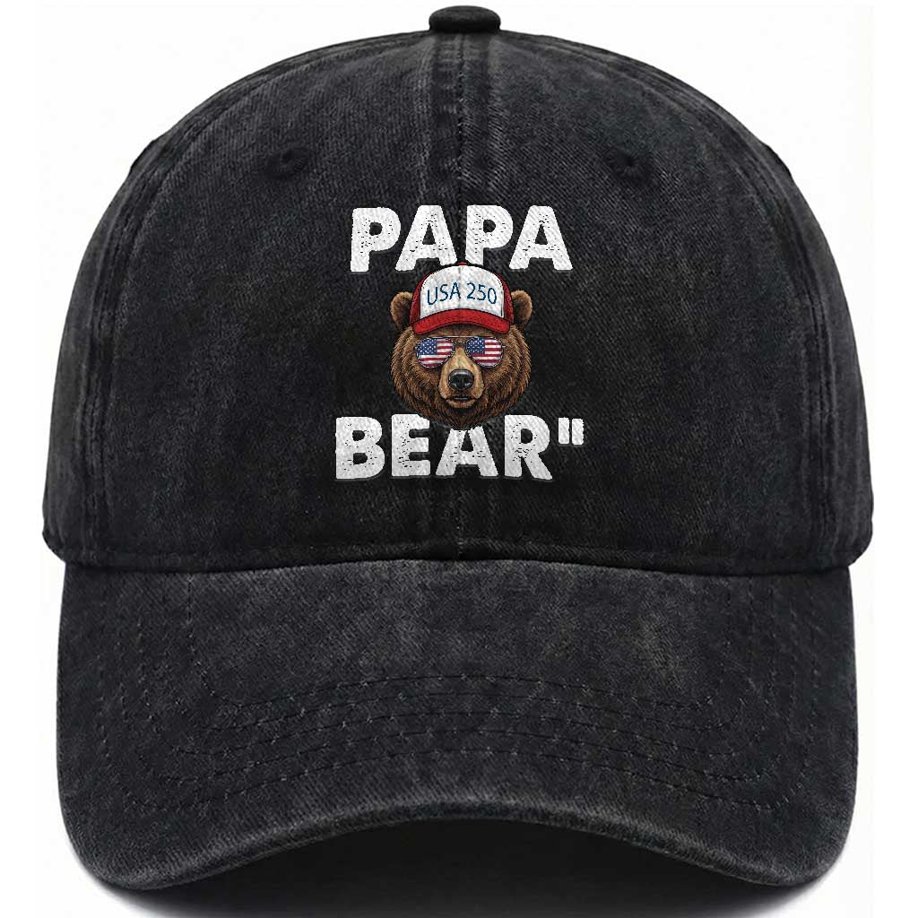 Papa Bear Father's Day Washed Cotton Baseball Cap America 250th Anniversary USA Flag July 4th