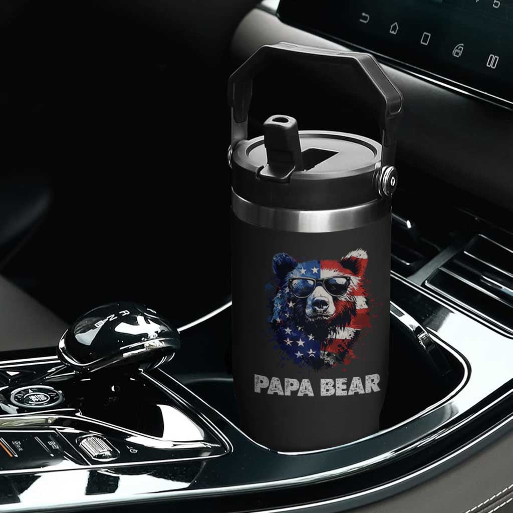 Papa Bear Father's Day Flip Straw Tumbler Patriotic American Flag 4th Of July