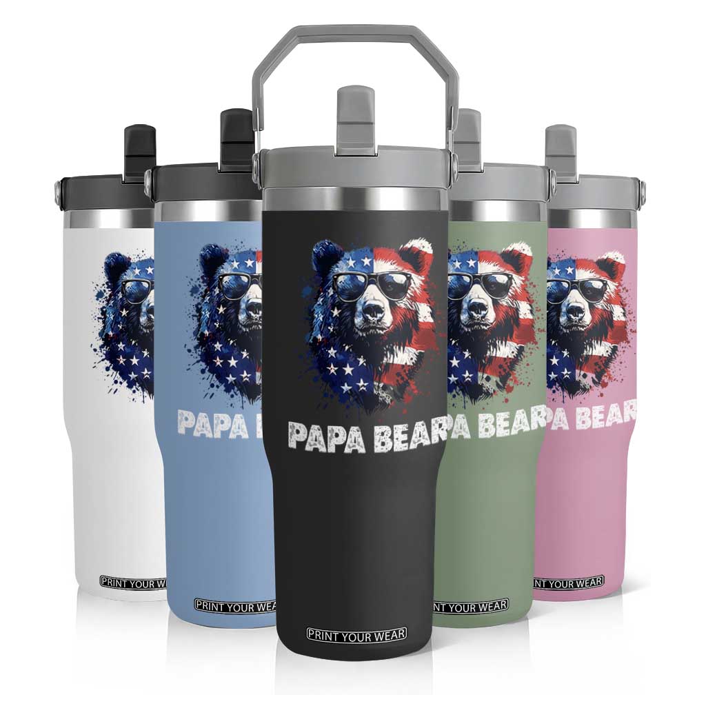 Papa Bear Father's Day Flip Straw Tumbler Patriotic American Flag 4th Of July