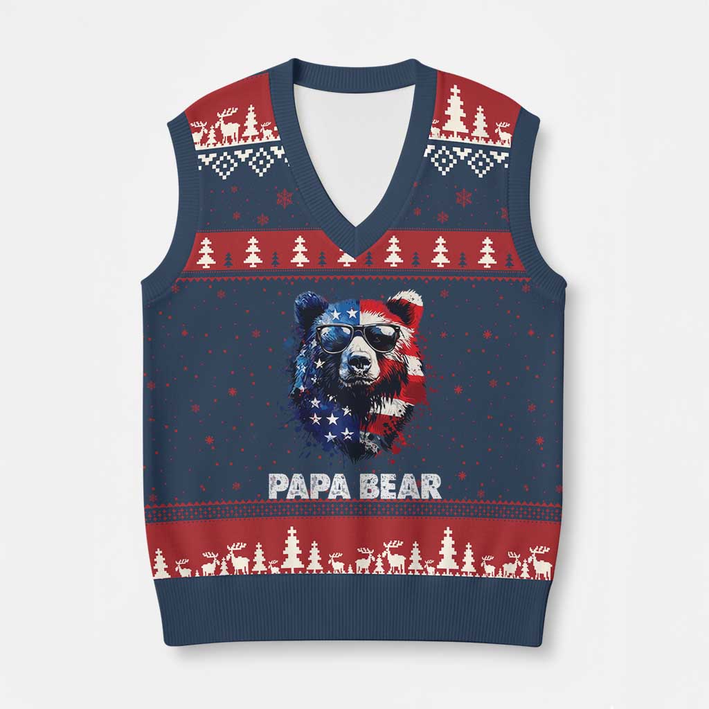 Papa Bear Father's Day V-Neck Knit Sweater Vest Patriotic American Flag 4th Of July TS14 Navy Red Print Your Wear