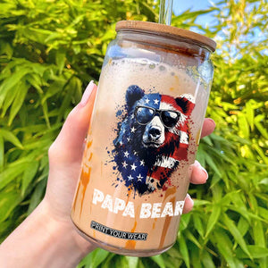 Papa Bear Father's Day Glass Can Patriotic American Flag 4th Of July