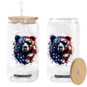 Papa Bear Father's Day Glass Can Patriotic American Flag 4th Of July