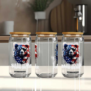 Papa Bear Father's Day Glass Can Patriotic American Flag 4th Of July
