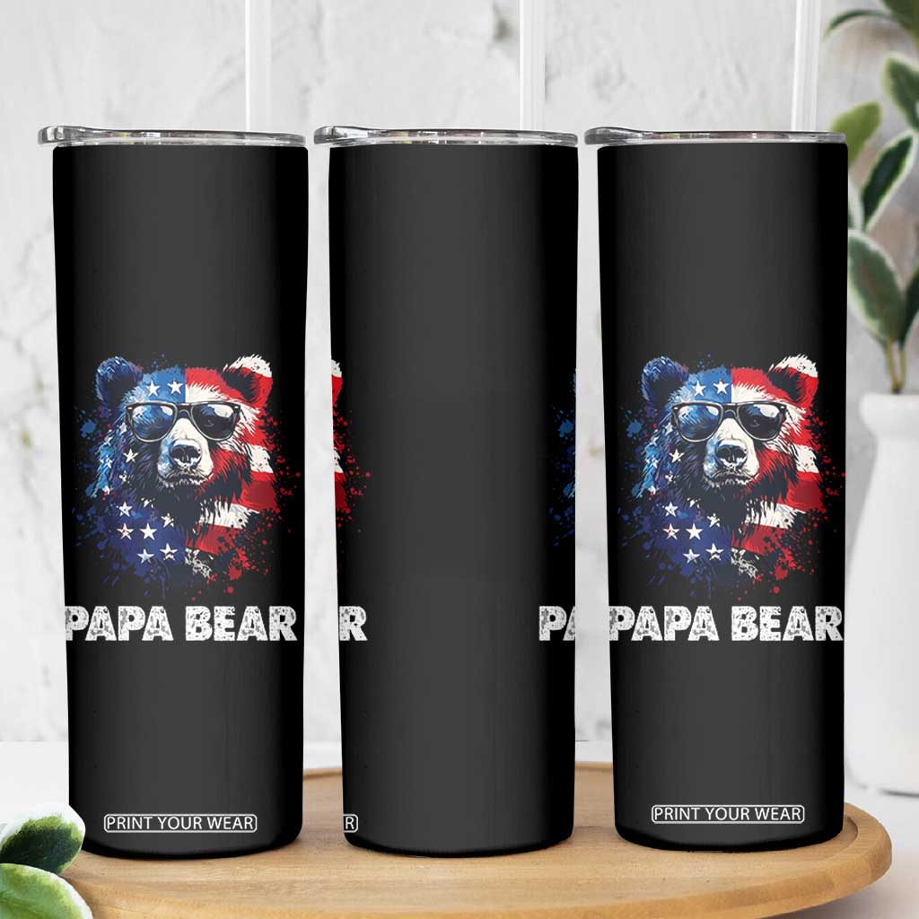 Papa Bear Father's Day Skinny Tumbler Patriotic American Flag 4th Of July