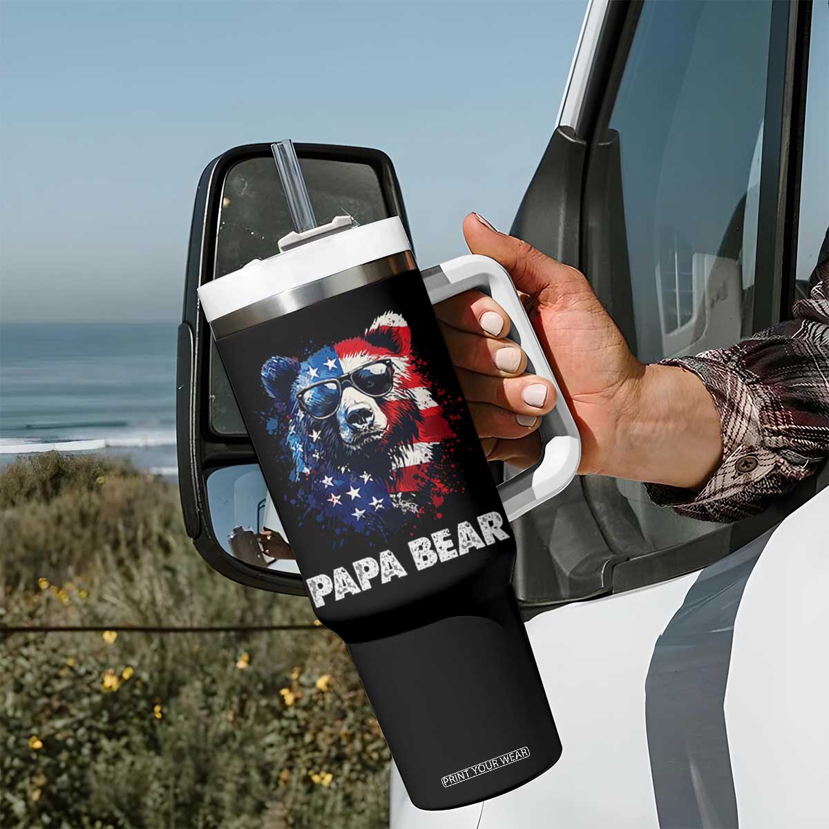 Papa Bear Father's Day Tumbler With Handle Patriotic American Flag 4th Of July