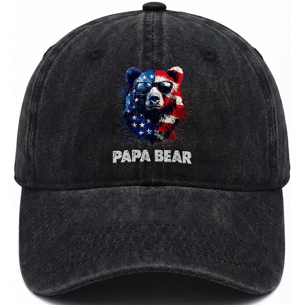 Papa Bear Father's Day Washed Cotton Baseball Cap Patriotic American Flag 4th Of July