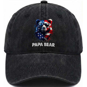 Papa Bear Father's Day Washed Cotton Baseball Cap Patriotic American Flag 4th Of July