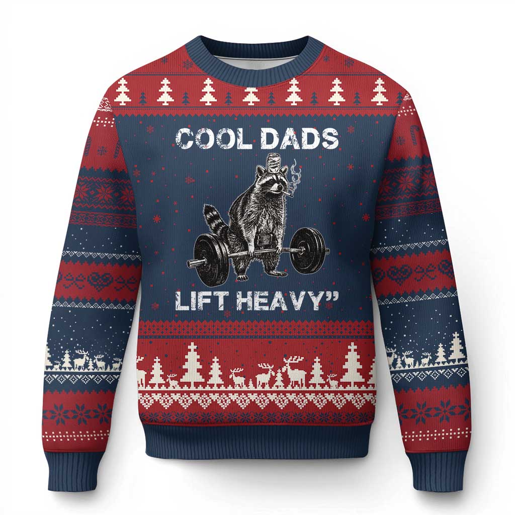 Cool Dads Lift Heavy Ugly Christmas Sweater Gym Dad Raccoon TS14 Navy Red Print Your Wear