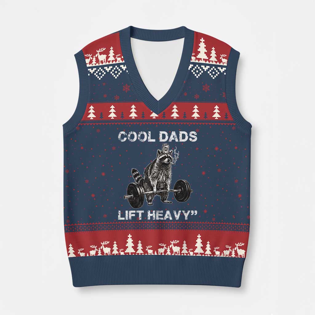 Cool Dads Lift Heavy V-Neck Knit Sweater Vest Gym Dad Raccoon TS14 Navy Red Print Your Wear