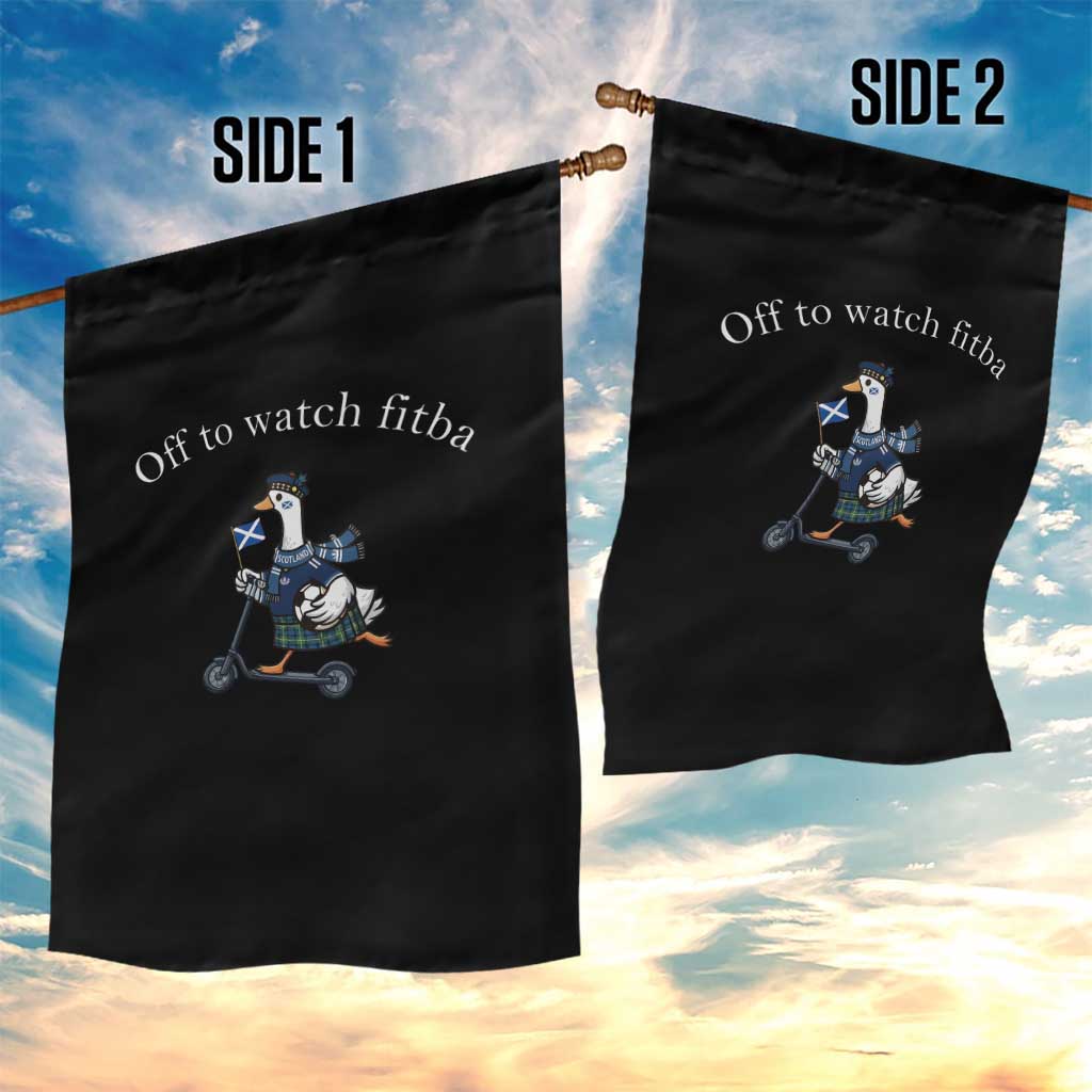 Off To Watch Fitba Garden Flag Funny Scottish Goose Riding Scooter Football Fan