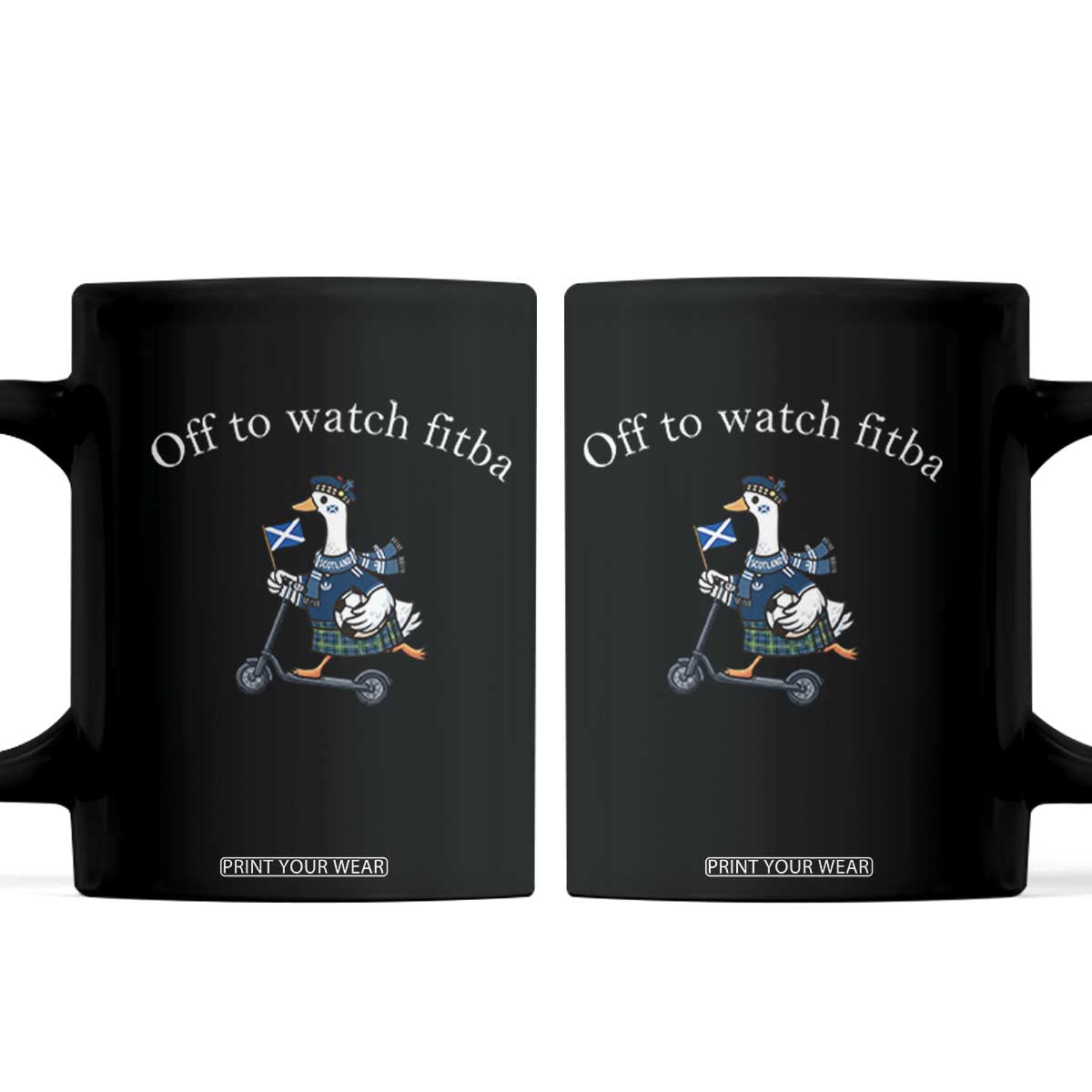 Off To Watch Fitba Coffee Mug Funny Scottish Goose Riding Scooter Football Fan