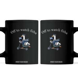 Off To Watch Fitba Coffee Mug Funny Scottish Goose Riding Scooter Football Fan