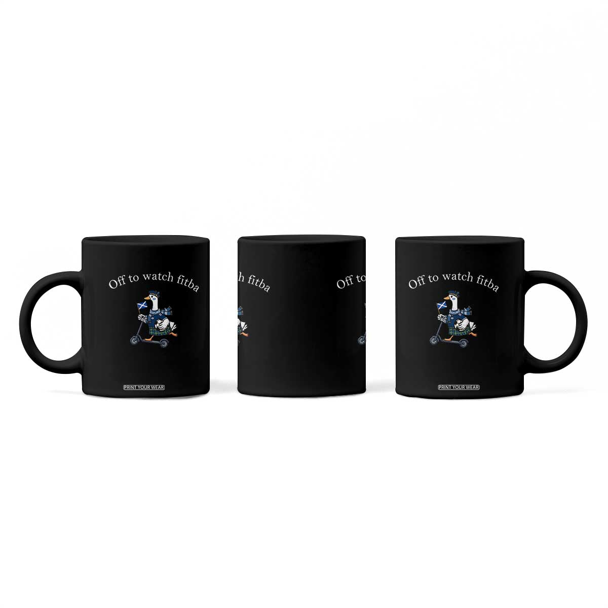 Off To Watch Fitba Coffee Mug Funny Scottish Goose Riding Scooter Football Fan