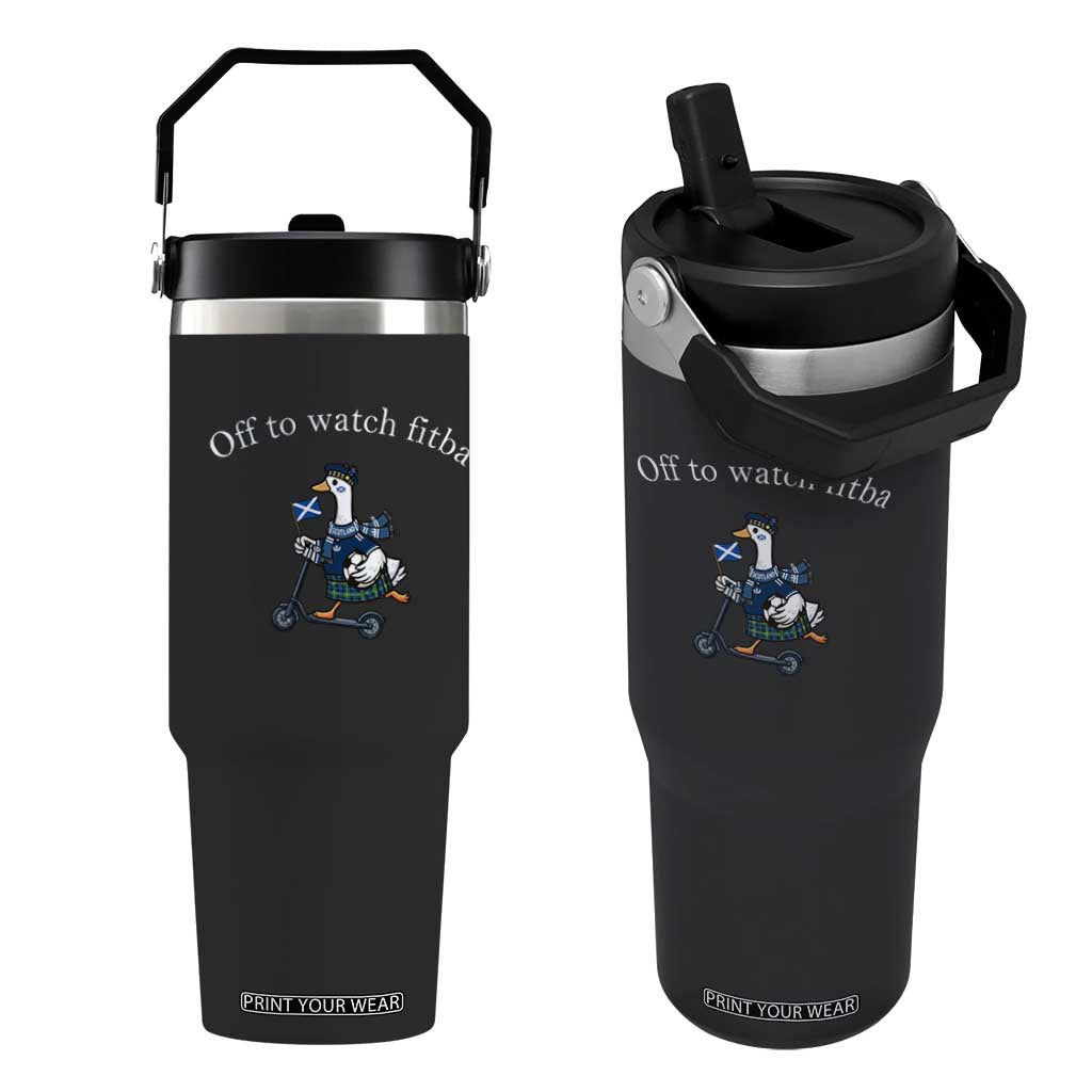 Off To Watch Fitba Flip Straw Tumbler Funny Scottish Goose Riding Scooter Football Fan