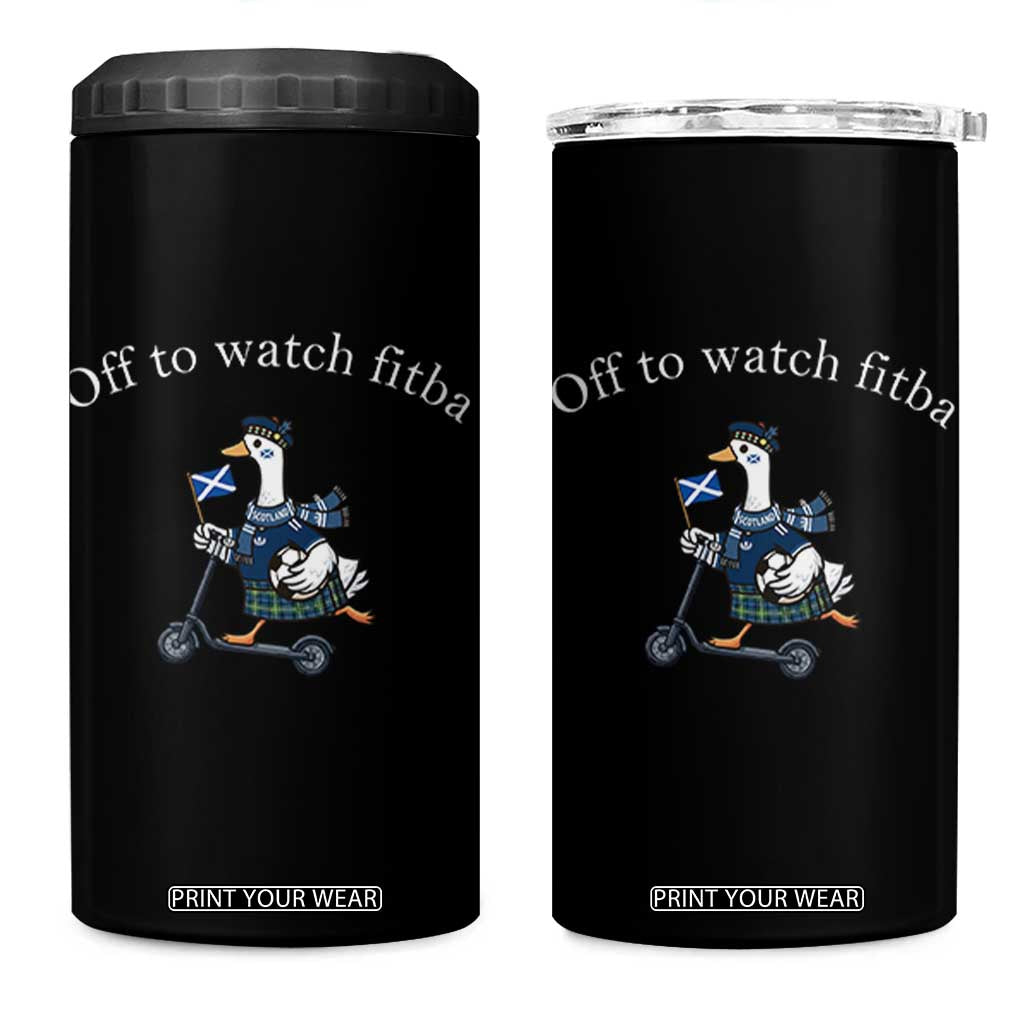 Off To Watch Fitba 4 in 1 Can Cooler Tumbler Funny Scottish Goose Riding Scooter Football Fan