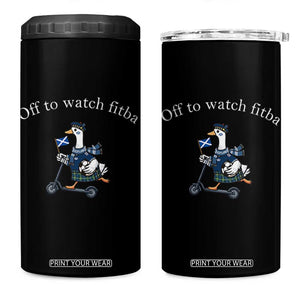 Off To Watch Fitba 4 in 1 Can Cooler Tumbler Funny Scottish Goose Riding Scooter Football Fan
