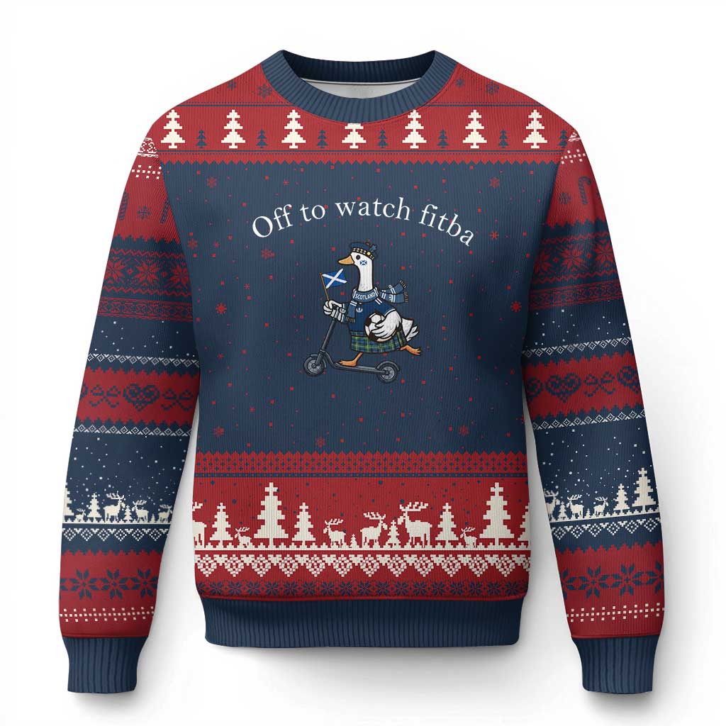 Off To Watch Fitba Ugly Christmas Sweater Funny Scottish Goose Riding Scooter Football Fan TS14 Navy Red Print Your Wear