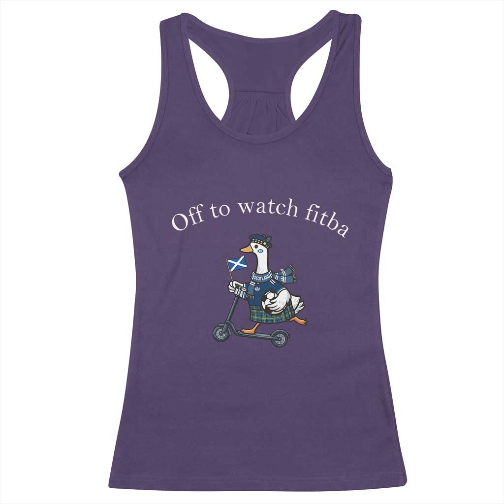 Off To Watch Fitba Racerback Tank Top Funny Scottish Goose Riding Scooter Football Fan
