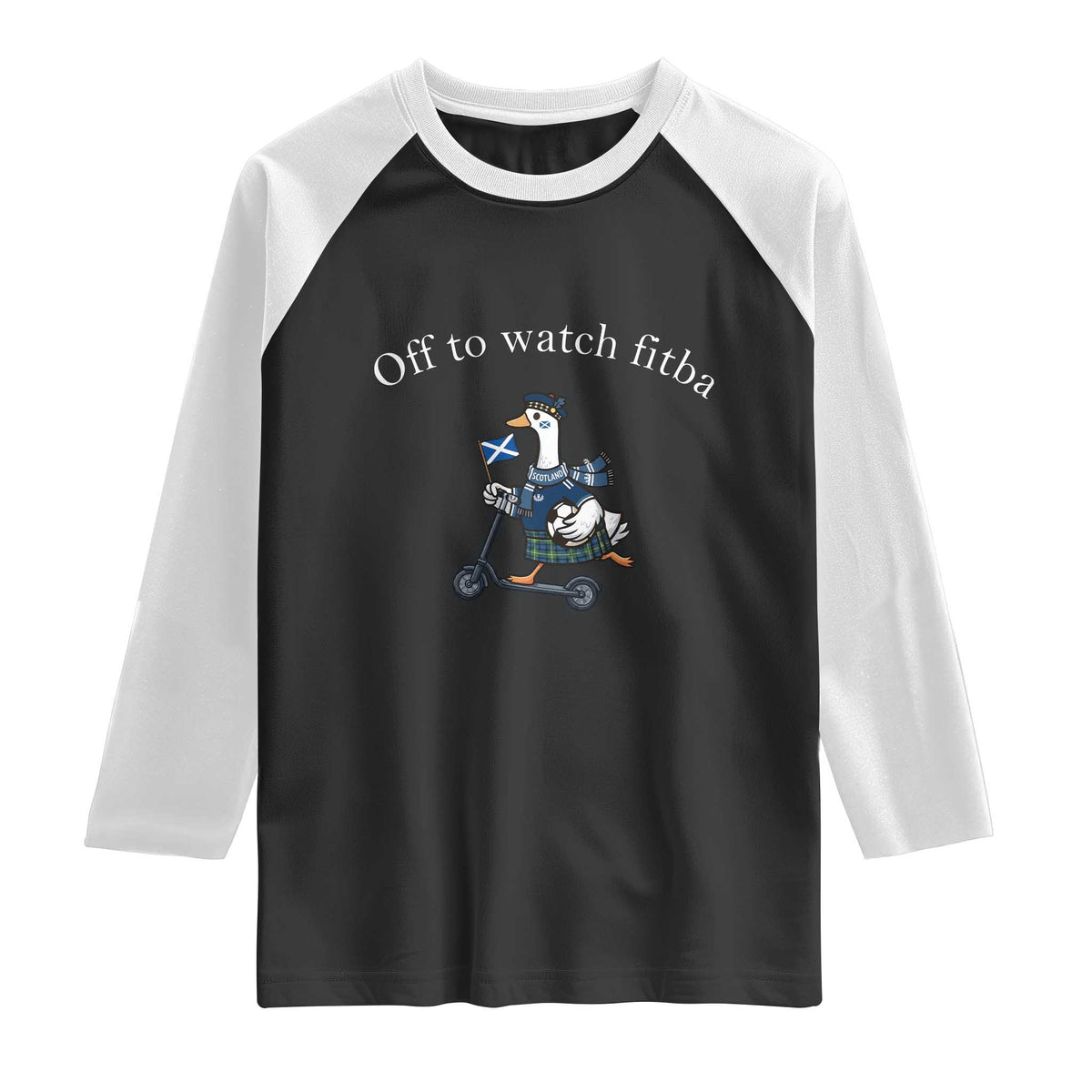 Off To Watch Fitba Raglan Shirt Funny Scottish Goose Riding Scooter Football Fan