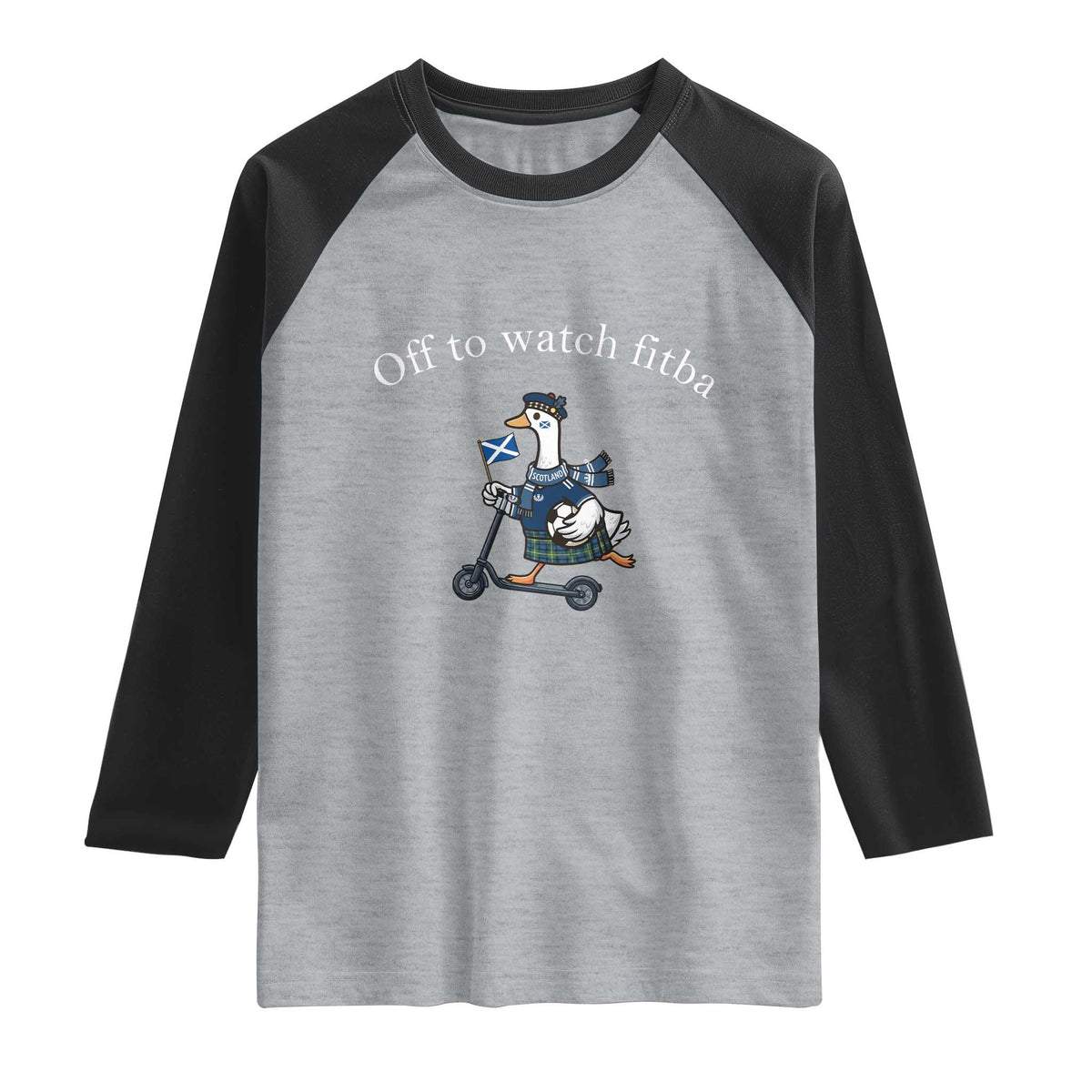 Off To Watch Fitba Raglan Shirt Funny Scottish Goose Riding Scooter Football Fan