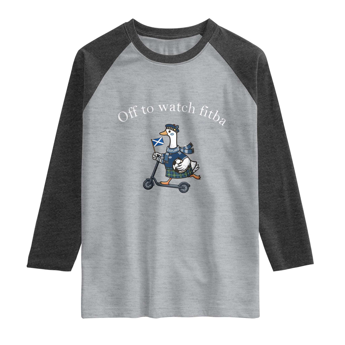 Off To Watch Fitba Raglan Shirt Funny Scottish Goose Riding Scooter Football Fan