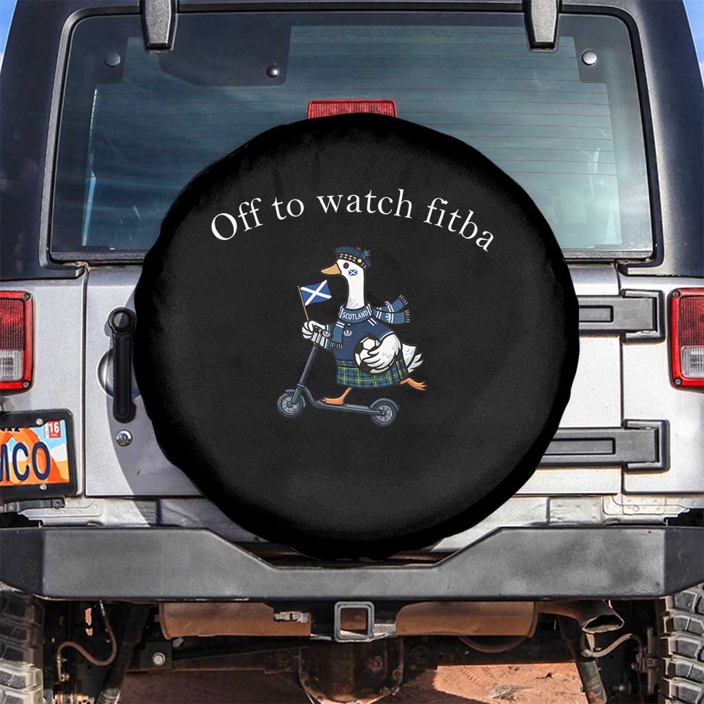 Off To Watch Fitba Spare Tire Cover Funny Scottish Goose Riding Scooter Football Fan