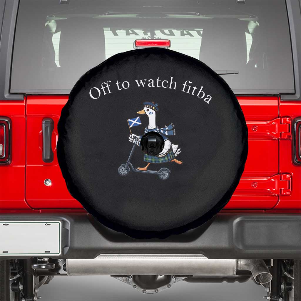 Off To Watch Fitba Spare Tire Cover Funny Scottish Goose Riding Scooter Football Fan