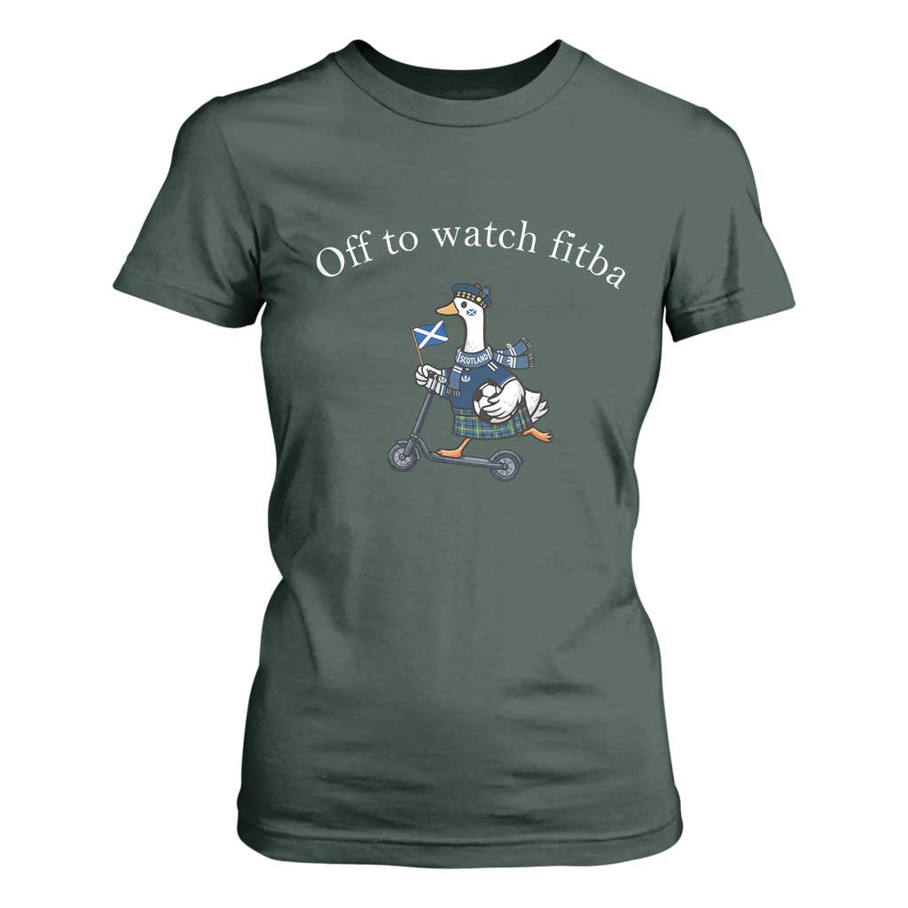 Off To Watch Fitba T Shirt For Women Funny Scottish Goose Riding Scooter Football Fan