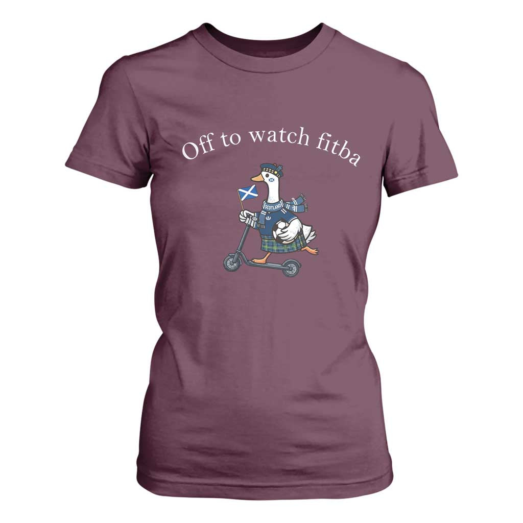 Off To Watch Fitba T Shirt For Women Funny Scottish Goose Riding Scooter Football Fan
