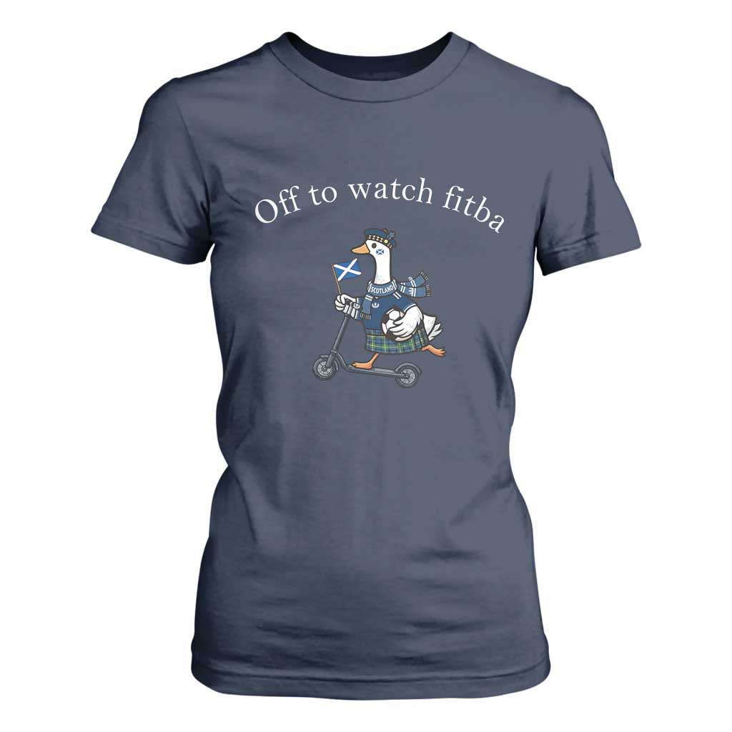 Off To Watch Fitba T Shirt For Women Funny Scottish Goose Riding Scooter Football Fan