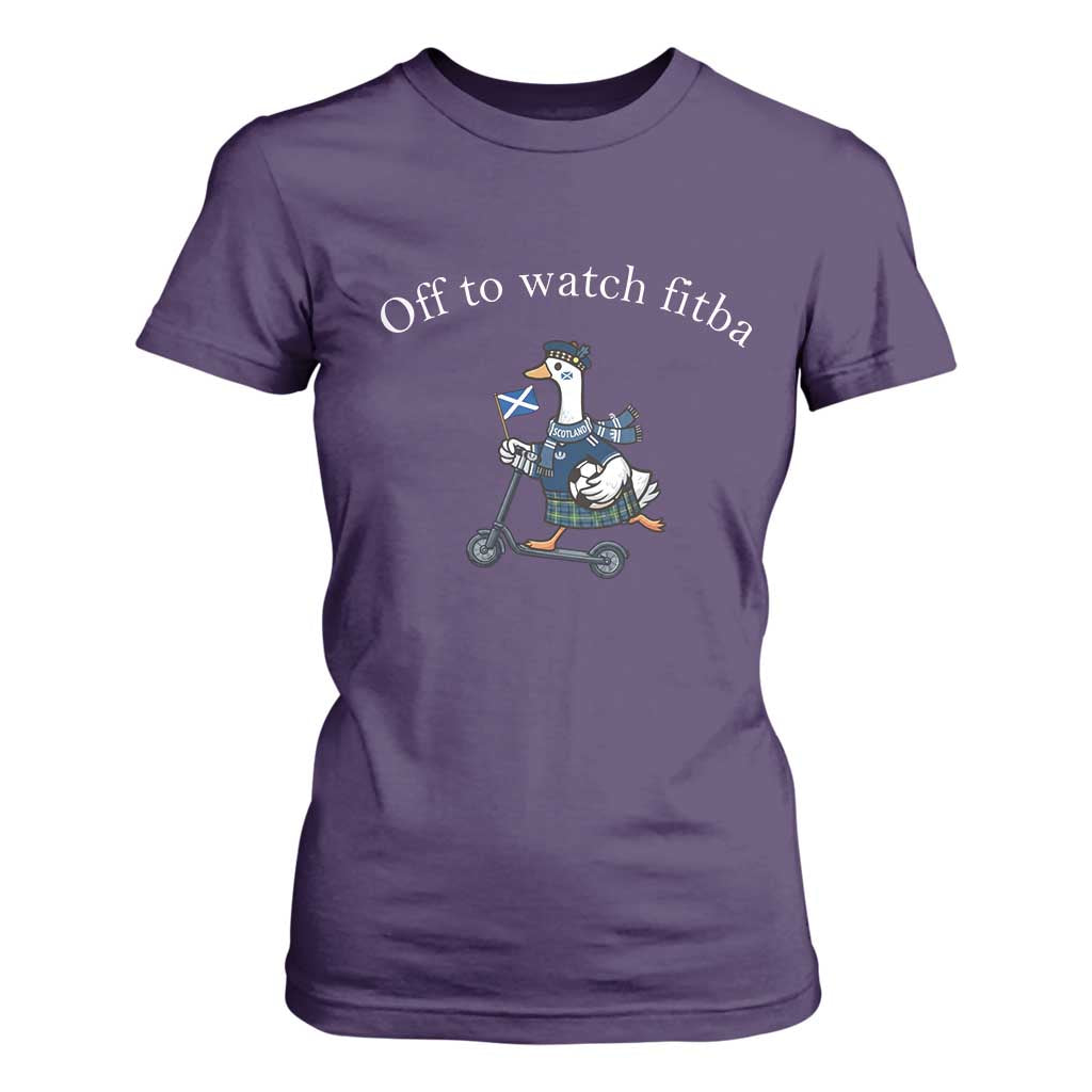 Off To Watch Fitba T Shirt For Women Funny Scottish Goose Riding Scooter Football Fan